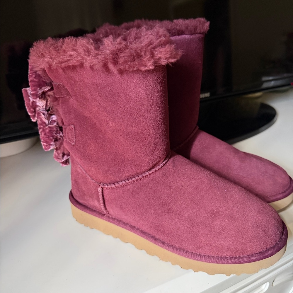 UGG Velvet Bow Back Boots in Rose - Picture 2 of 3